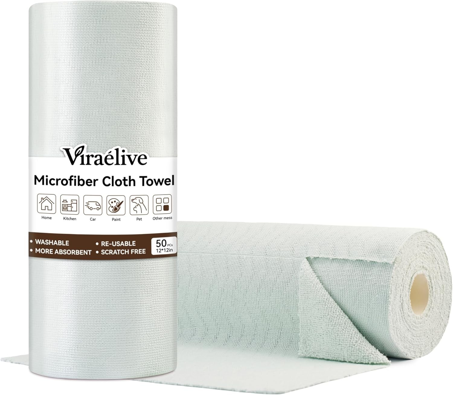 Microfiber Cleaning Cloth Roll, 50 Tear-Away Sheets, Reusable & Washable,