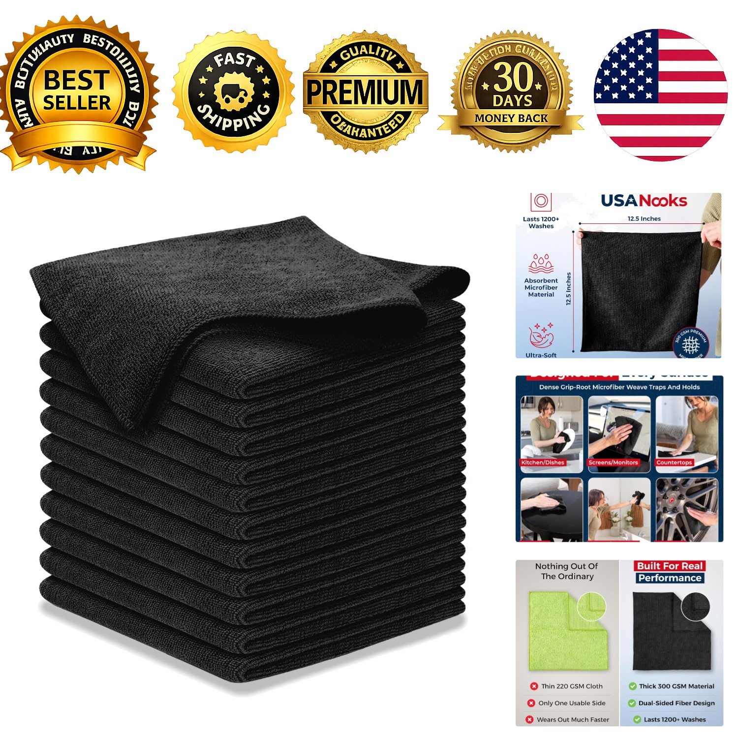 Microfiber Cleaning Cloth 300GSM 12.5×12.5 1200 Washes Ultra Absorbent Towels