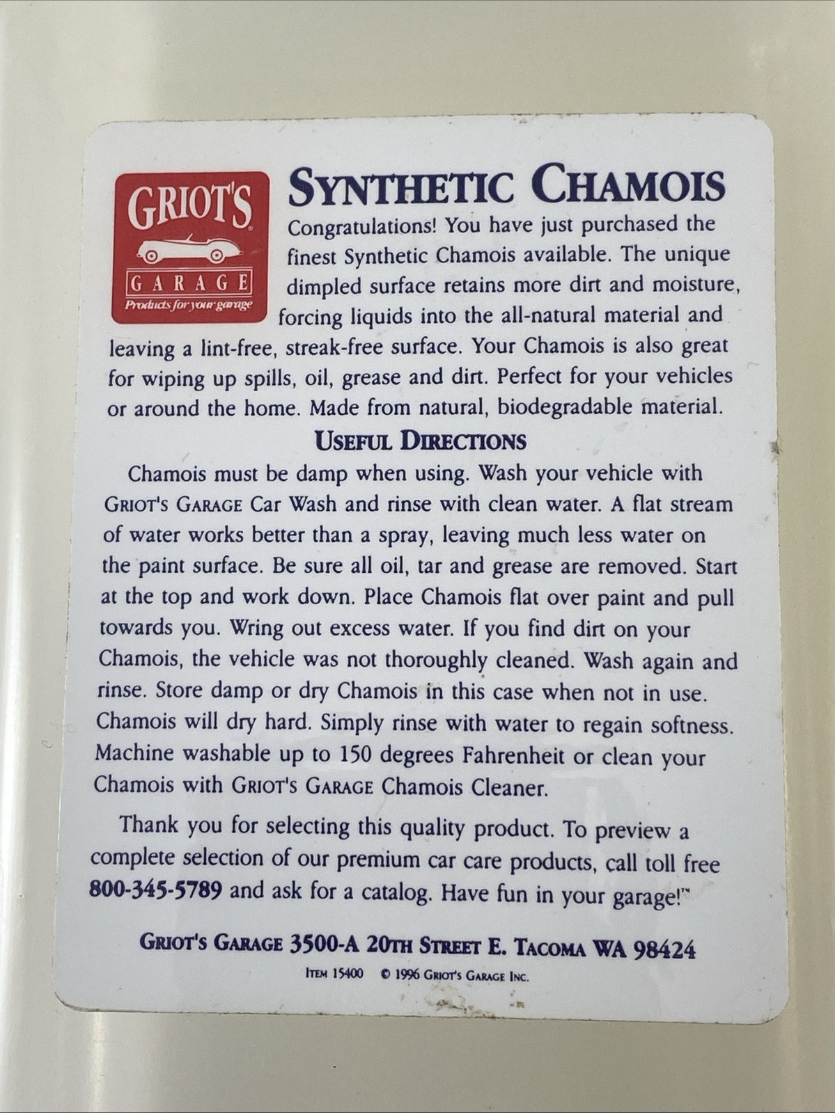 Griot’s Garage Vintage Chamois Synthetic 26”x17″ Wipe Absorber Drying Towel Car