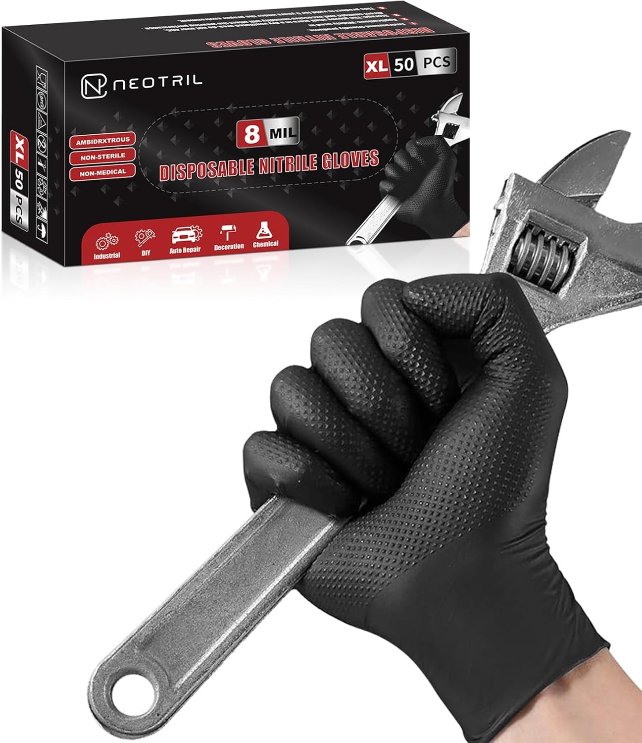 8 Mil Heavy Duty Disposable Nitrile Gloves with Diamond Texture Grip Rubber