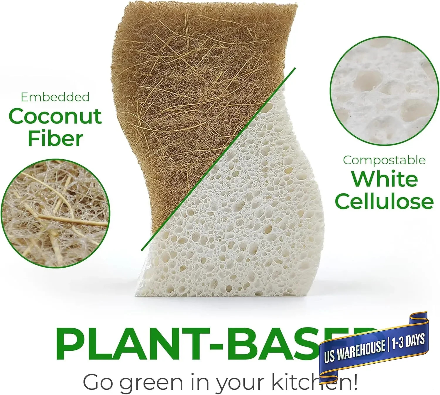 AIRNEX Natural Kitchen Sponges (12 Pack) – Biodegradable Cellulose & Coconut Scr