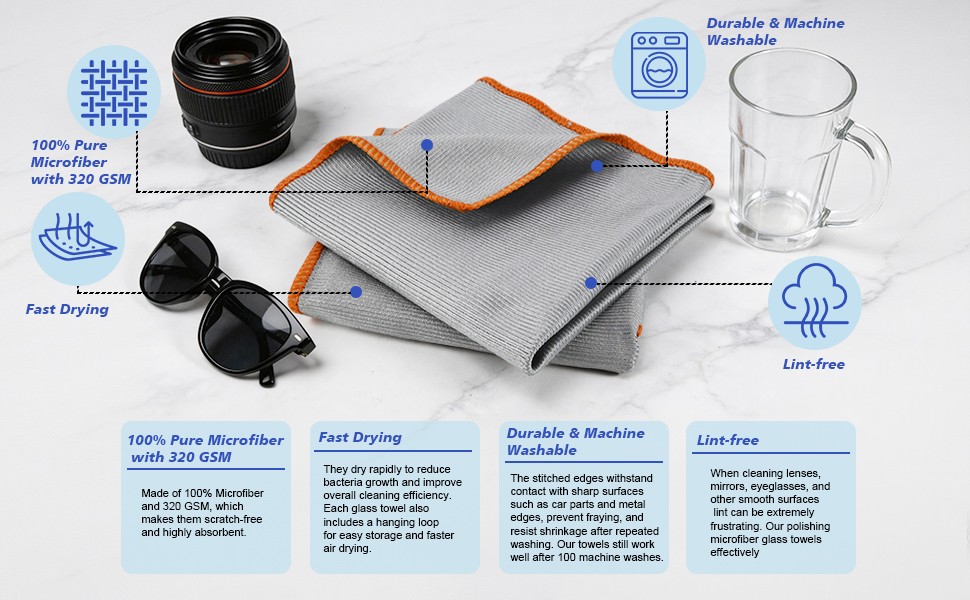 12 Pack Microfiber Glass Cleaning Cloth, 320GSM Thick Lint Glass Towels,