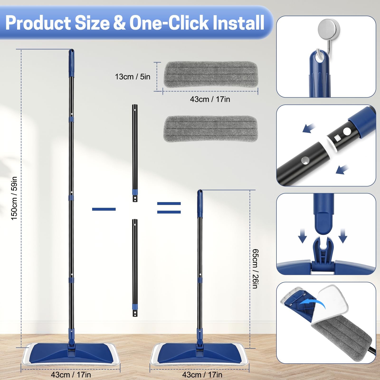 BUVE Microfiber Flat Mop for Hardwood Floors Cleaning 17IN, Blue