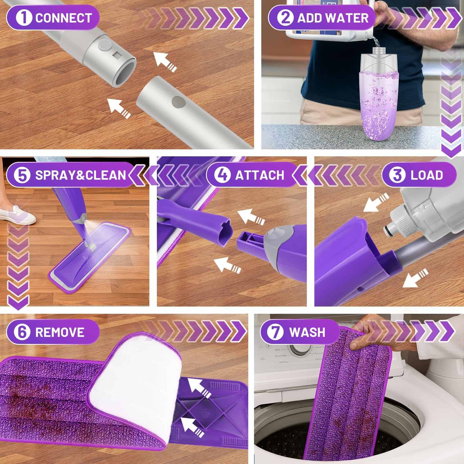 HOMTOYOU Spray Mops for Floor Cleaning Wet Mop for Hardwood Tile Wood 3 Washable