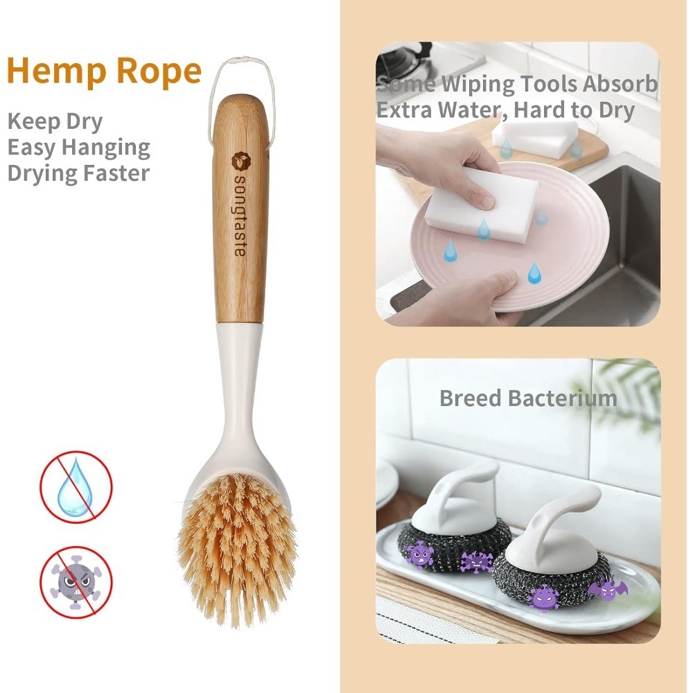2 Pack Dish Scrubber Brush with Bamboo Handle and Built-in Scraper for Pots Pans