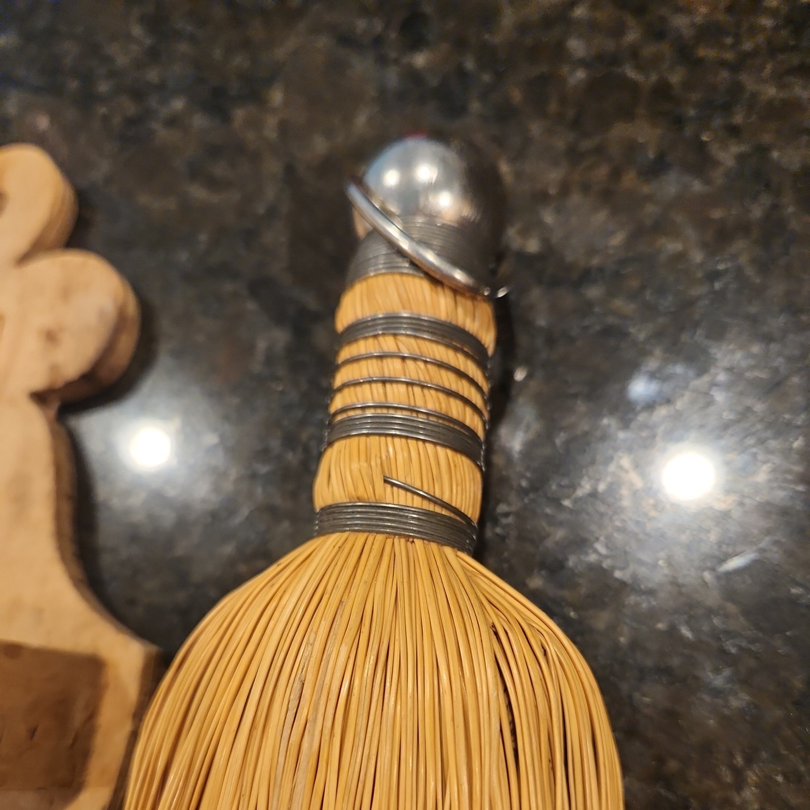 Vintage Straw Whisk Broom with Metal Handle and Wood Hanger, 10” Tall