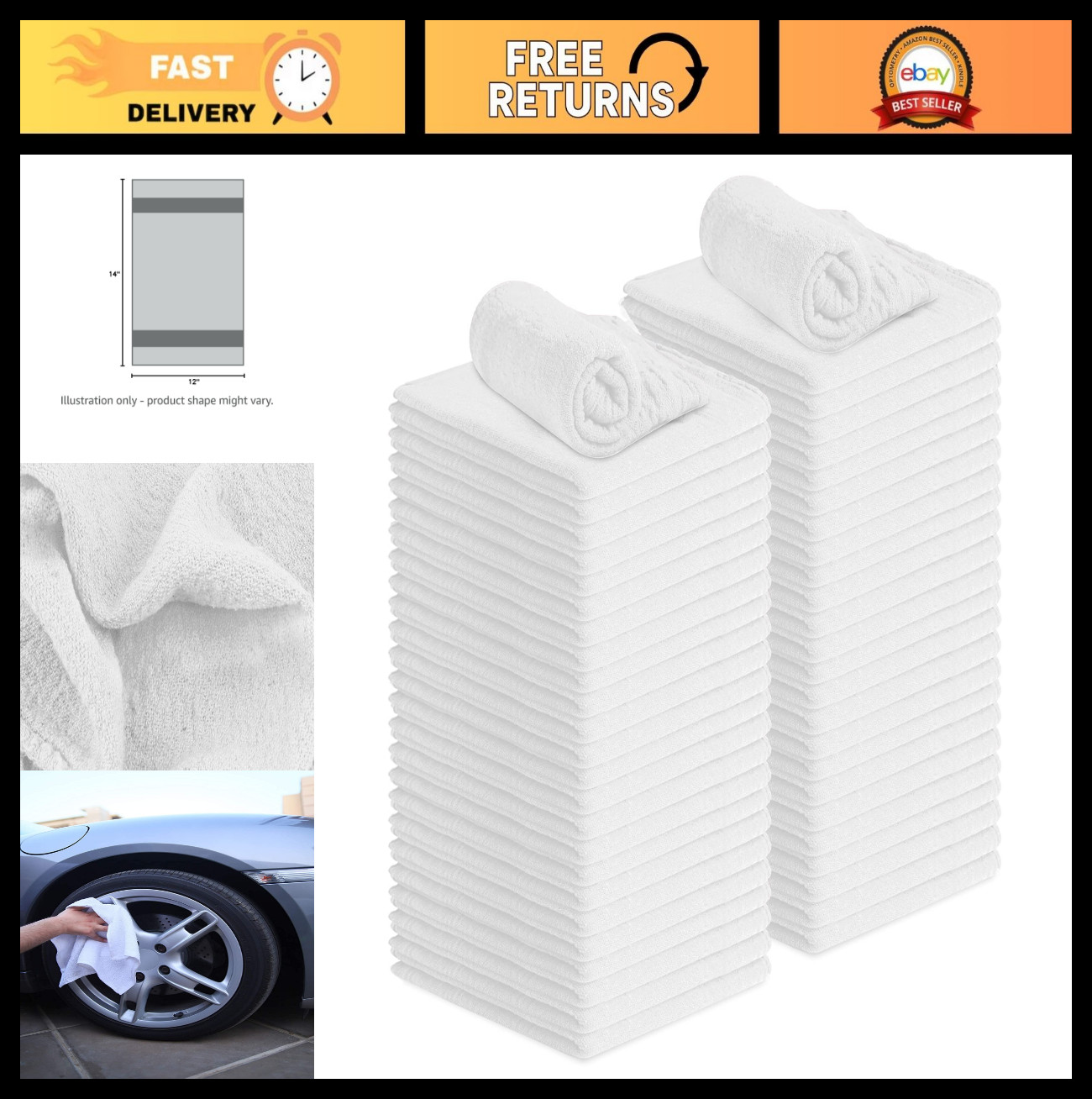 Cotton Cleaning Rags Pack of 50 – 12×14 Inches Absorbent Shop Towels for Home, G