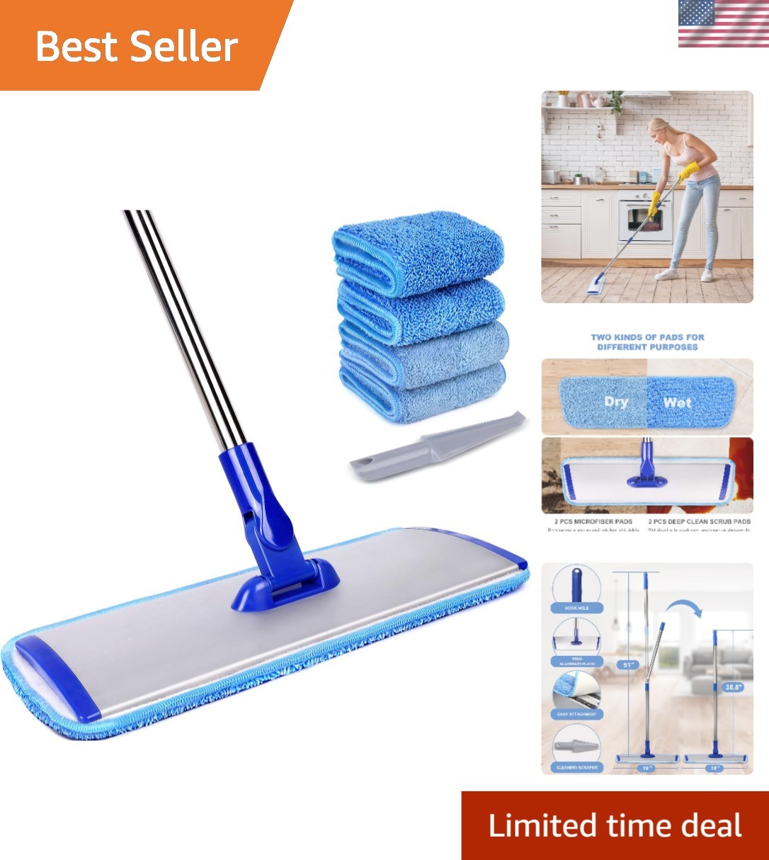 18″ Professional Microfiber Mop with Adjustable Stainless Steel Handle & 4 Pads