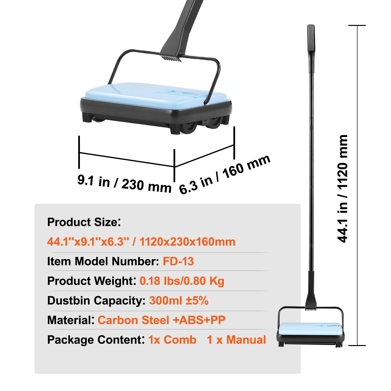 VEVOR Carpet Floor Sweeper Manual 6.7 in Width Sweeping Paths Non Electric Blue