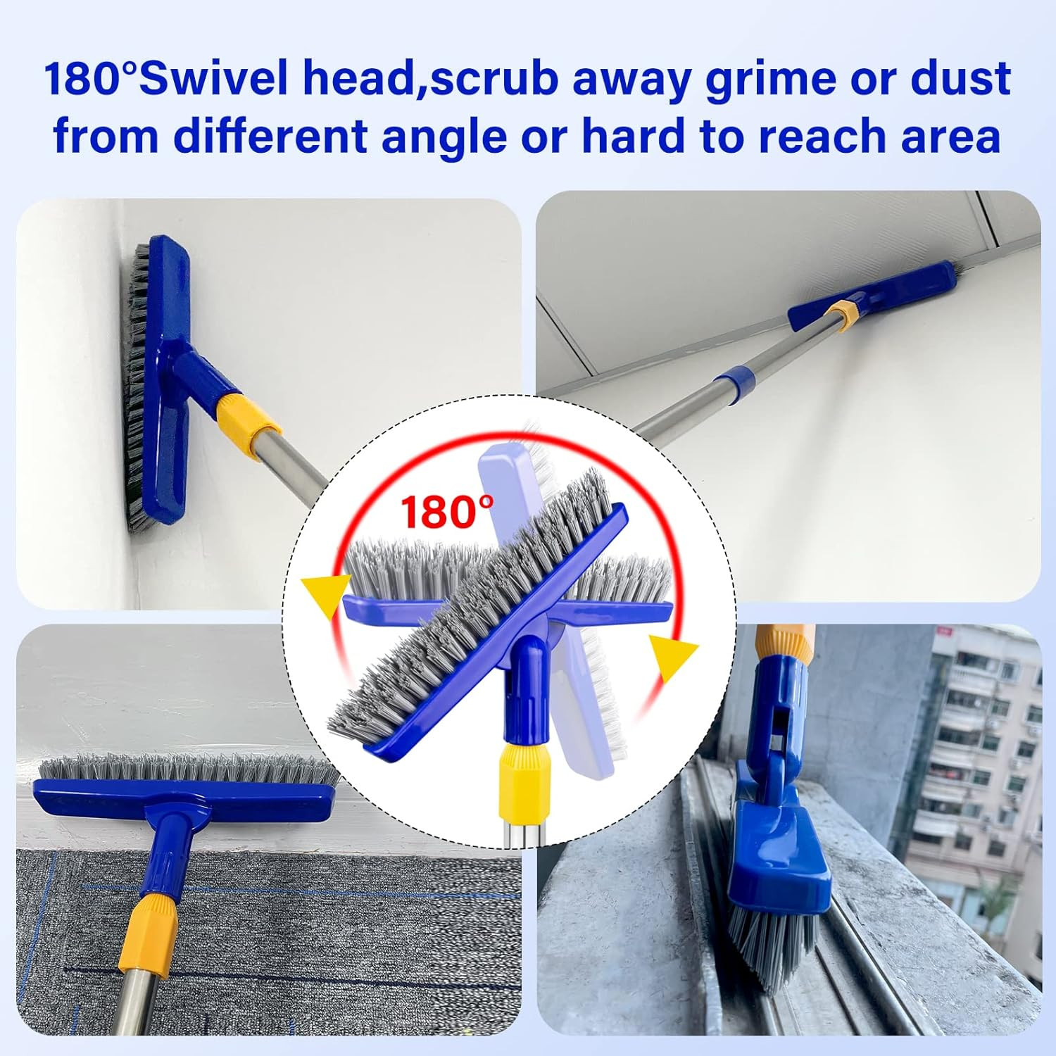 ITTAR Grout Brush with Long Adjustable Handle, Swivel Scrub Brush, V-Shape Grout