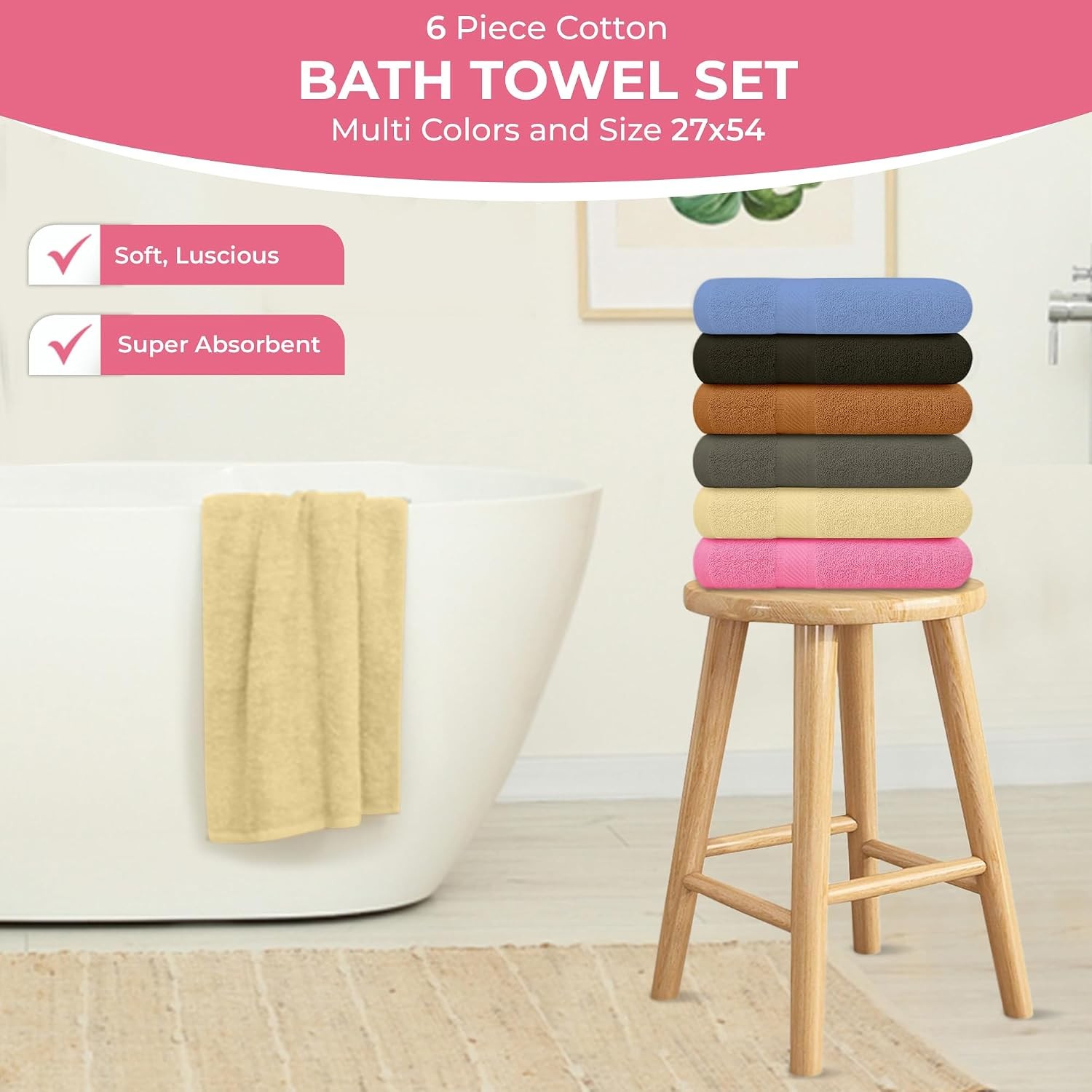 100% Cotton Bath Towels-27x54inch – 6 Pack Shower Towels – Light Weight, Ultra