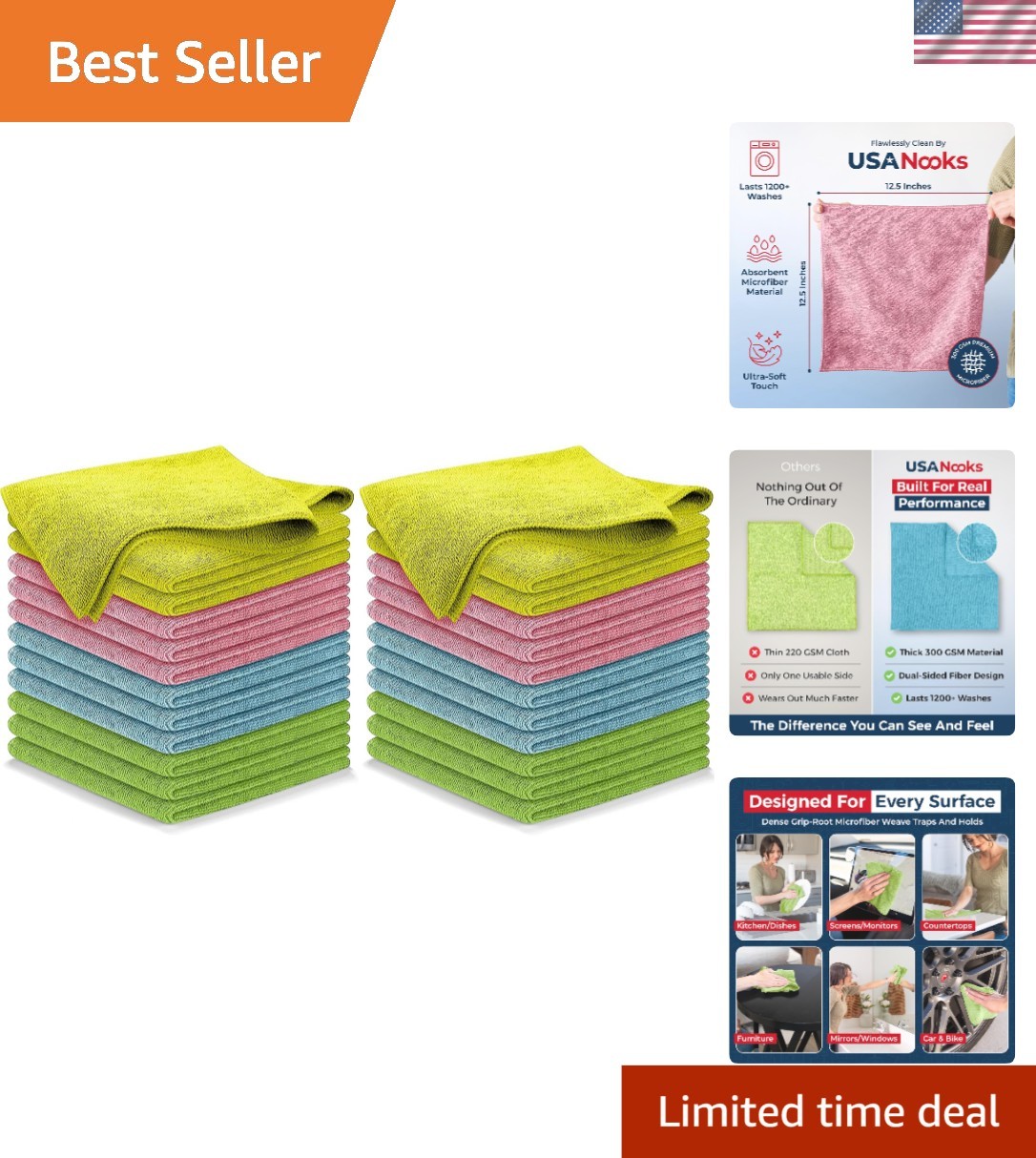 Grip-Root Weave Microfiber Cleaning Cloths – 1200 Washes – 12.5″x12.5″ 24 Count