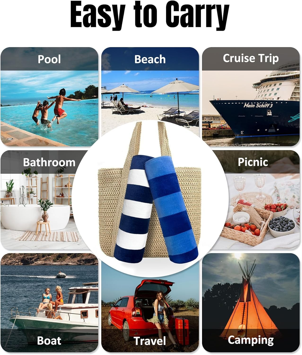 Large Beach Towel Oversized – Cotton Velour 35 x 70 Inch Blue Striped Terry Pool