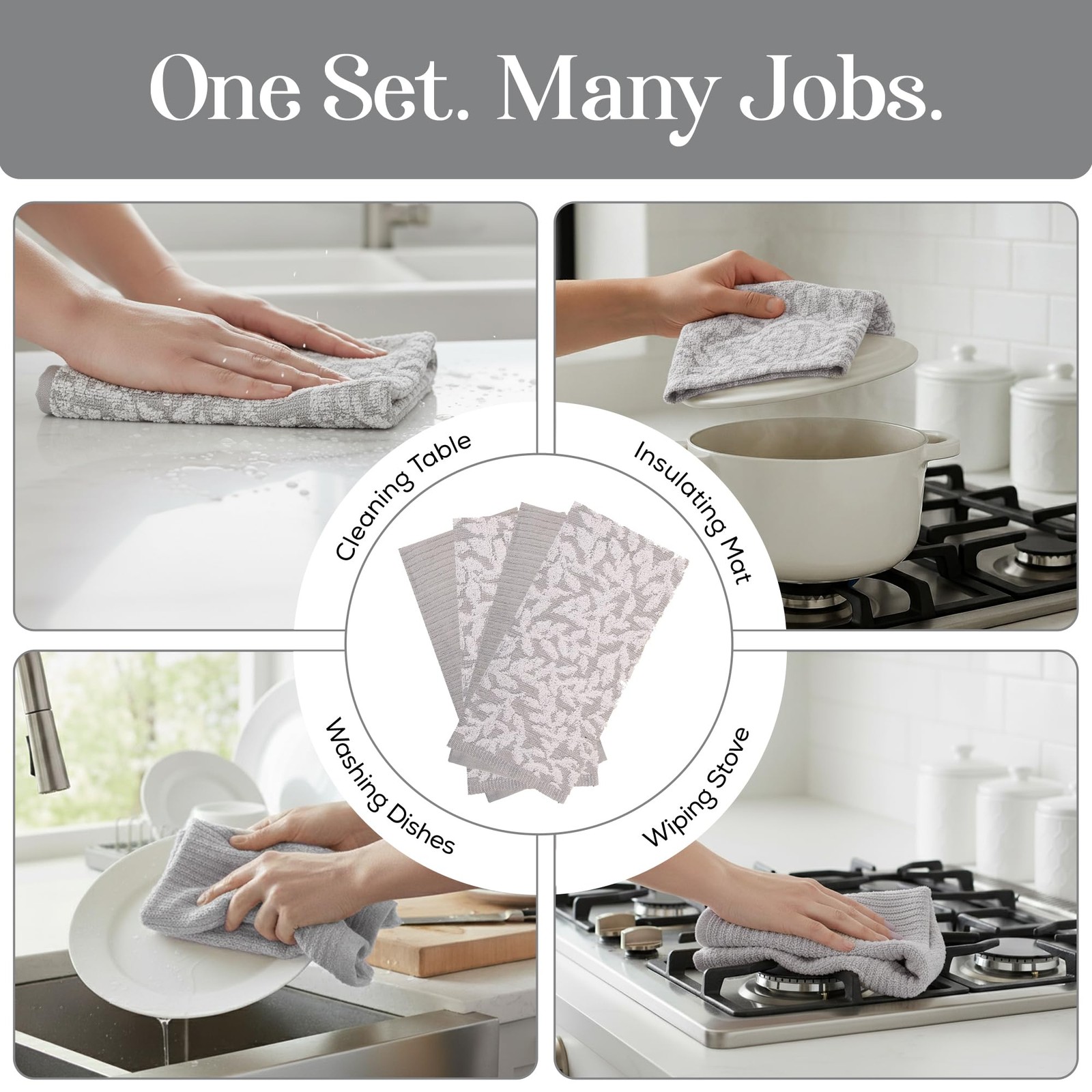Kitchen Towels, Cotton Hand Towels, Grey and White Vine Ribbed Hand Drying Cl…