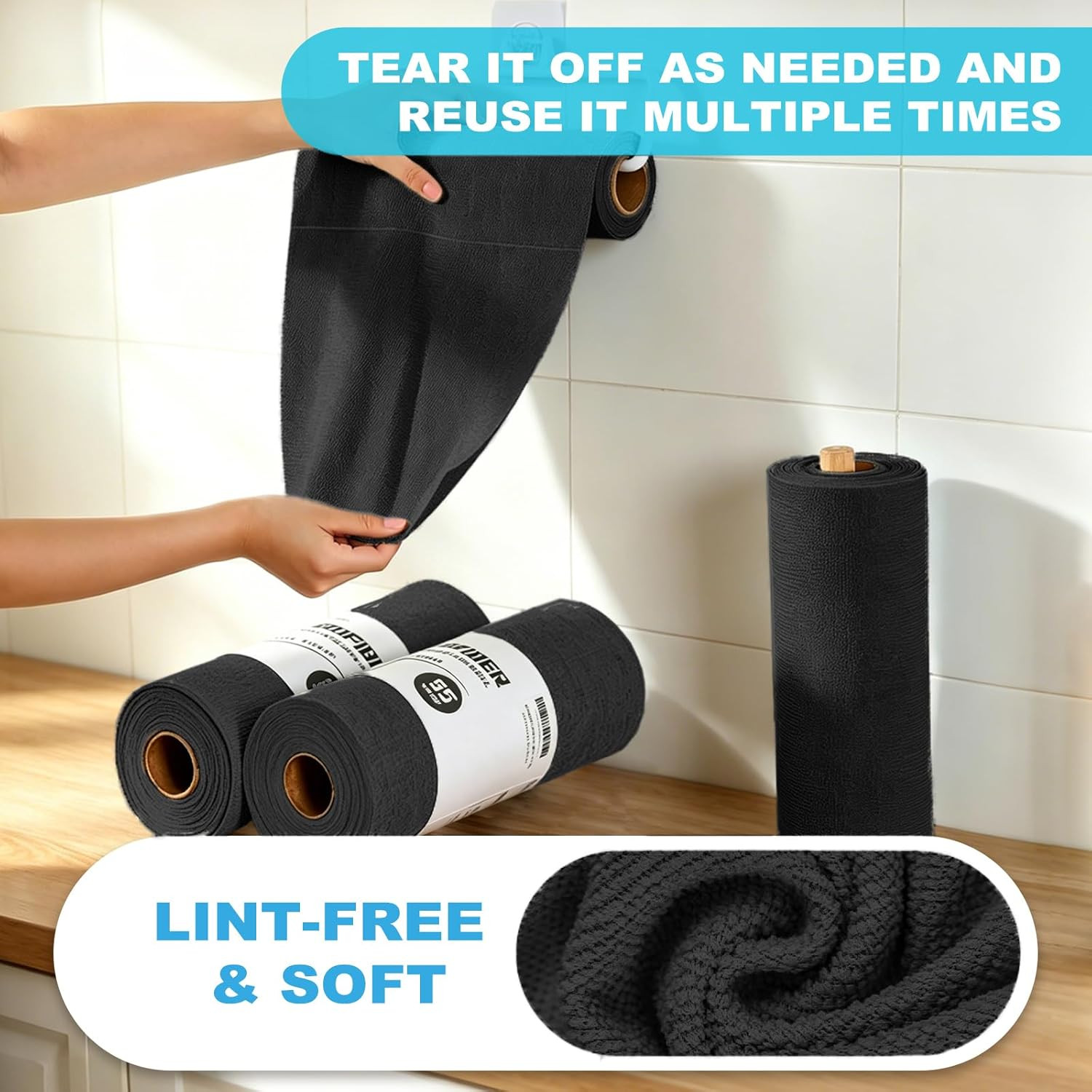 55 Pack Microfiber Cleaning Cloth Roll, Tear Away Reusable Paper Towels, 11″ X 9