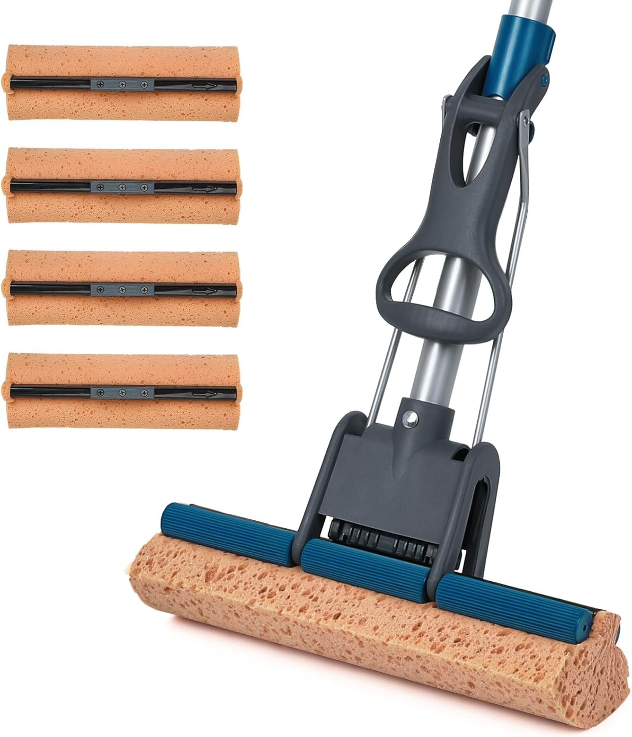Sponge Mop for Floor Cleaning, 50″ Heavy Duty Roller Mop with 4 Cellulose Ref…
