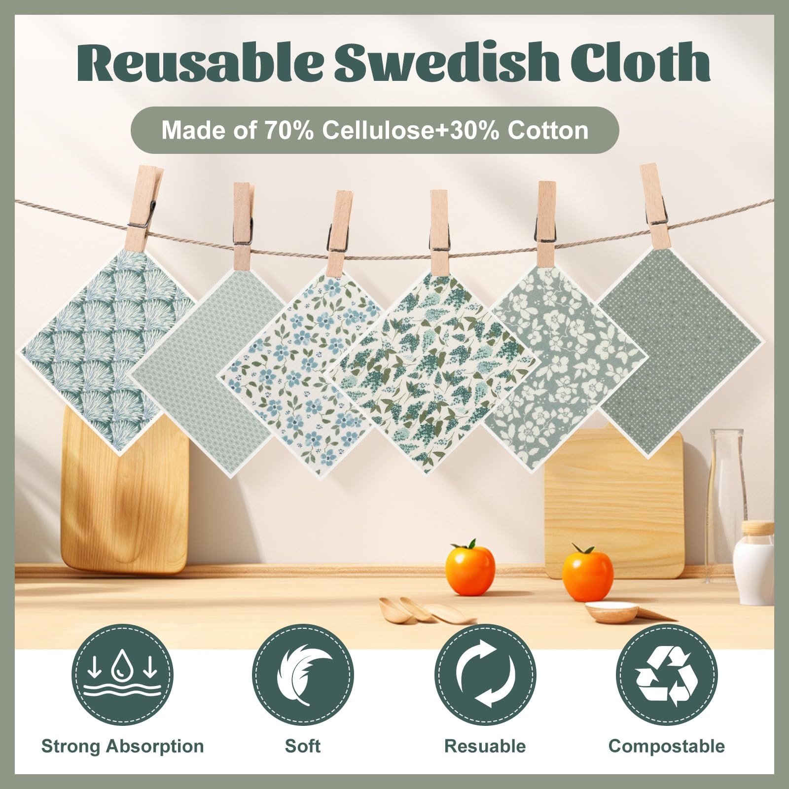 Pinsit Green Swedish Dishcloths for Kitchen, 6 PCS Swedish Dish Cloths, 7.5 x…