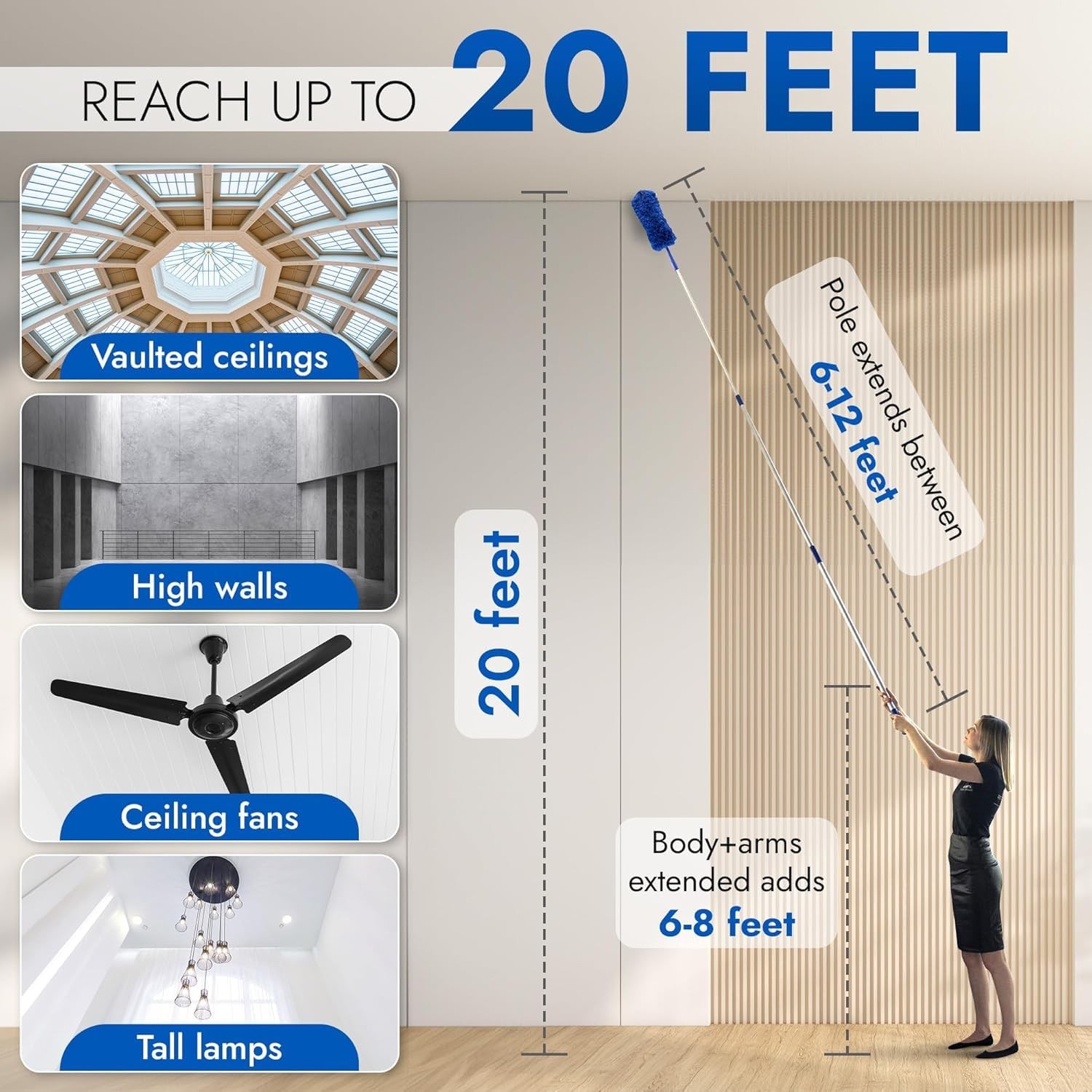 Cobweb Duster, Extendable Reach 20 feet, Ceiling 1 Count (Pack of 1), Blue