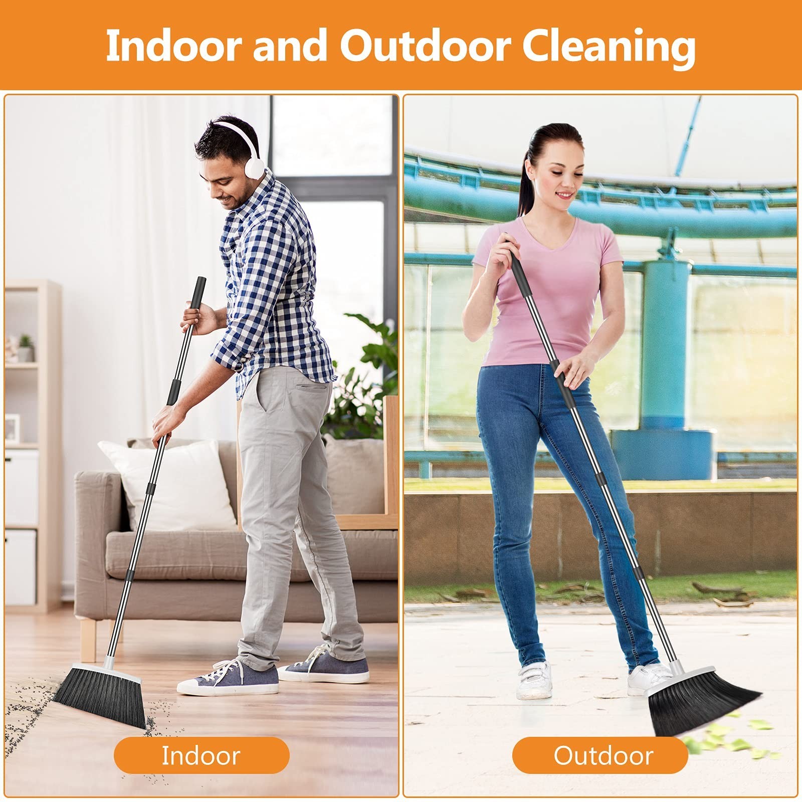 Heavy Duty Broom and Dustpan Set | 51″ Long Handle, Self-Cleaning, Indoor Outdoo