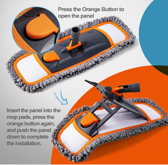 Mopa con mango extensible 55” y 3 paños lavables para suelos duros. Naranja