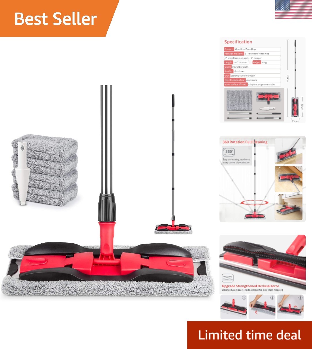 Durable 59″ Microfiber Mop with 4 Washable Pads for Hardwood & Tile Cleaning
