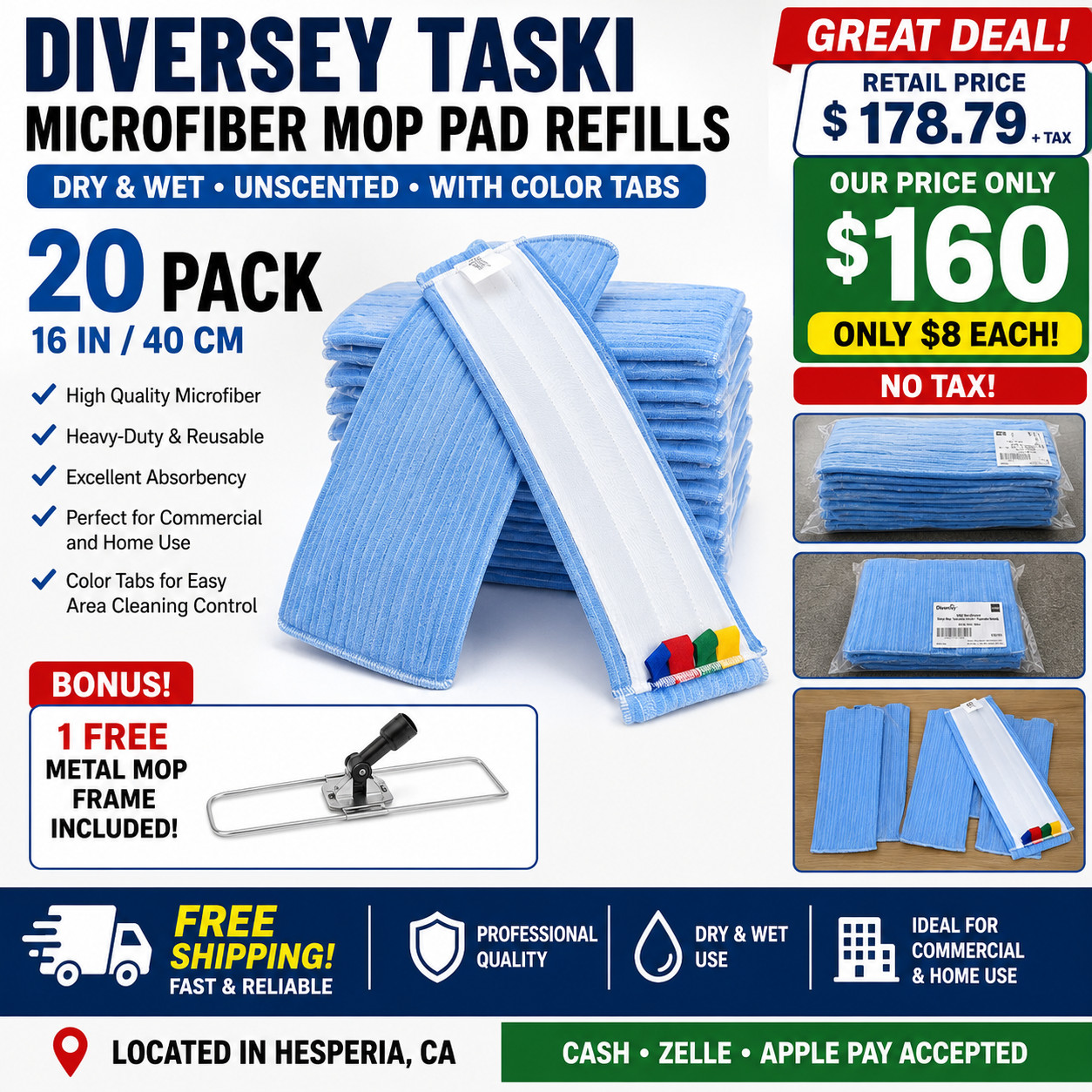20 Pack Diversey Taski Micro Dry Wet Mop Pad Refills 16 in / 40 cm