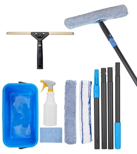 Window Cleaning Kit – 50″ Extension Pole, 8-in-1 Squeegee, Flexible Head, Bucket