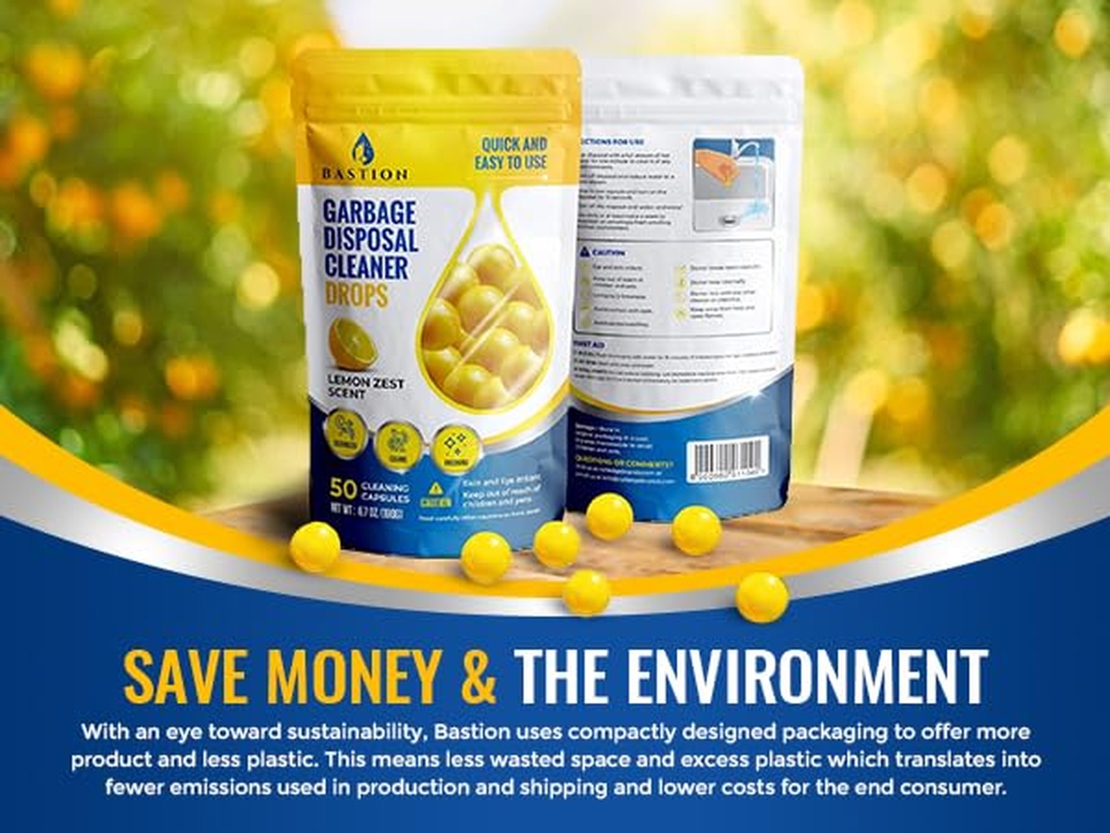 Bastion Garbage Disposal Cleaner and Deodorizer Drops- [[50-Count]] Lemon Zes…