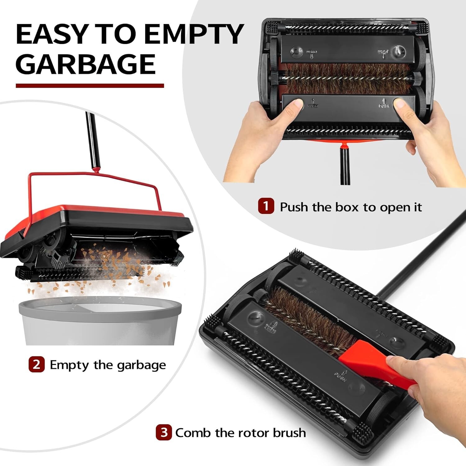 Carpet Floor Sweeper with Horsehair, Non Electric Manual Sweeping (Red)