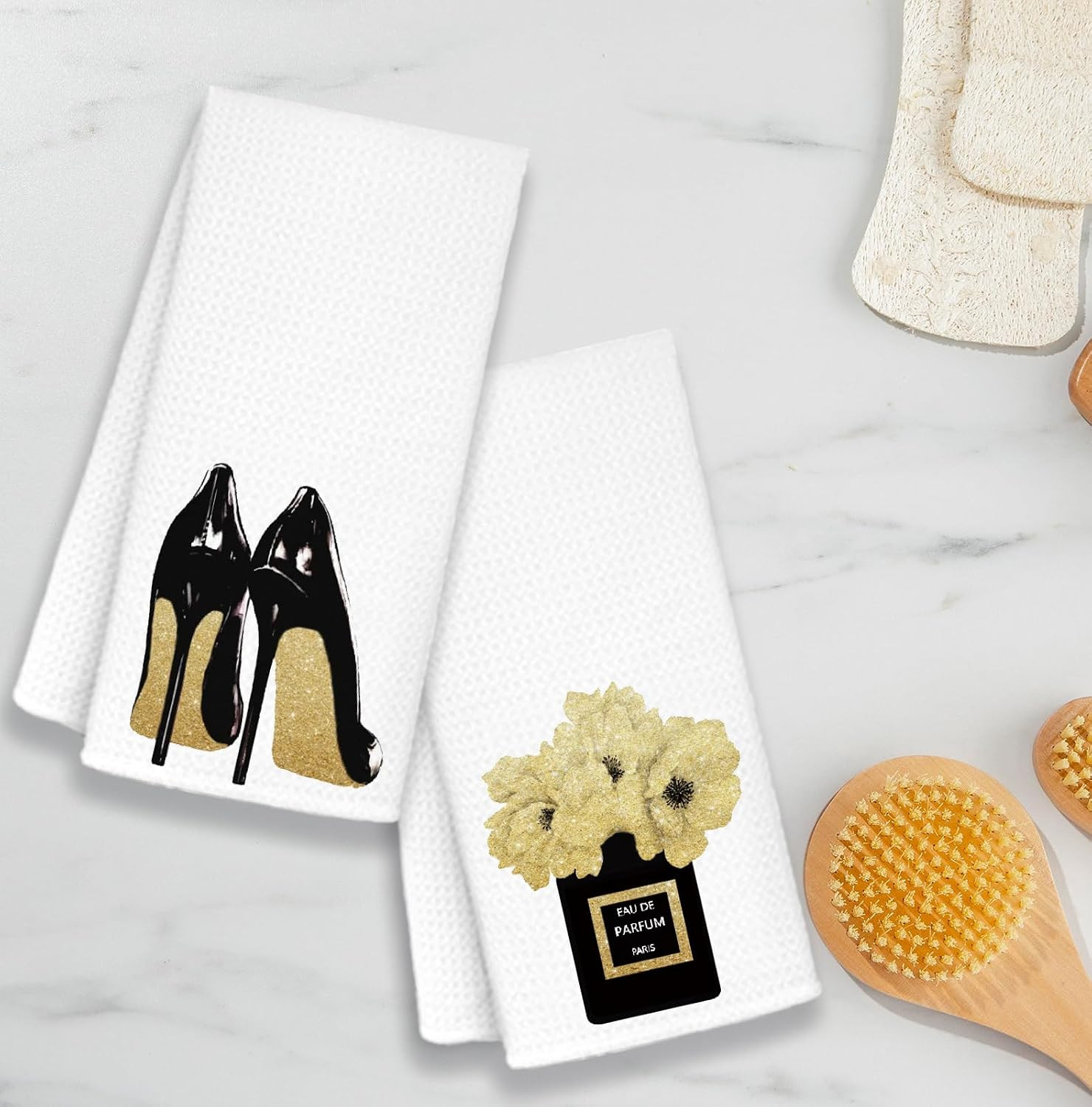 Gold and Black Towels for Bathroom Kitchen Decor, Funky Modern Perfume and High
