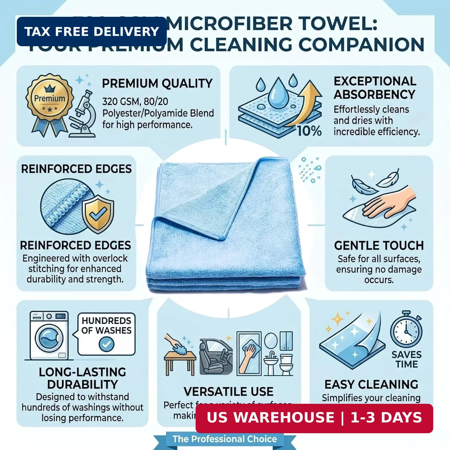 Microfiber Towel – 16×16 in, 80/20 Polyester-Polyamide Blend, Overlock-Stitched