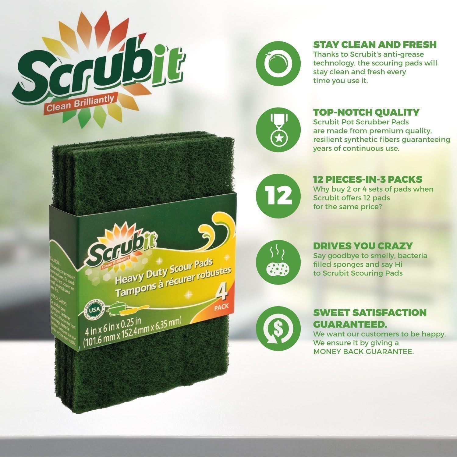 12 Pack Green Scouring Pads – Heavy Duty Non-Scratch Cleaning Solution