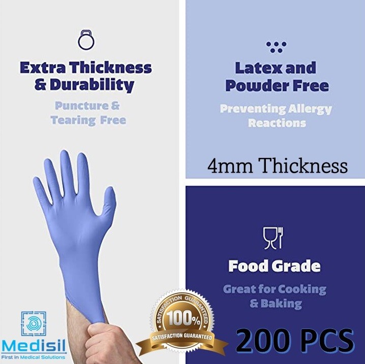 MediSil Disposable Nitrile Gloves 4mm Thickness Powder Free & Latex Free 200pack