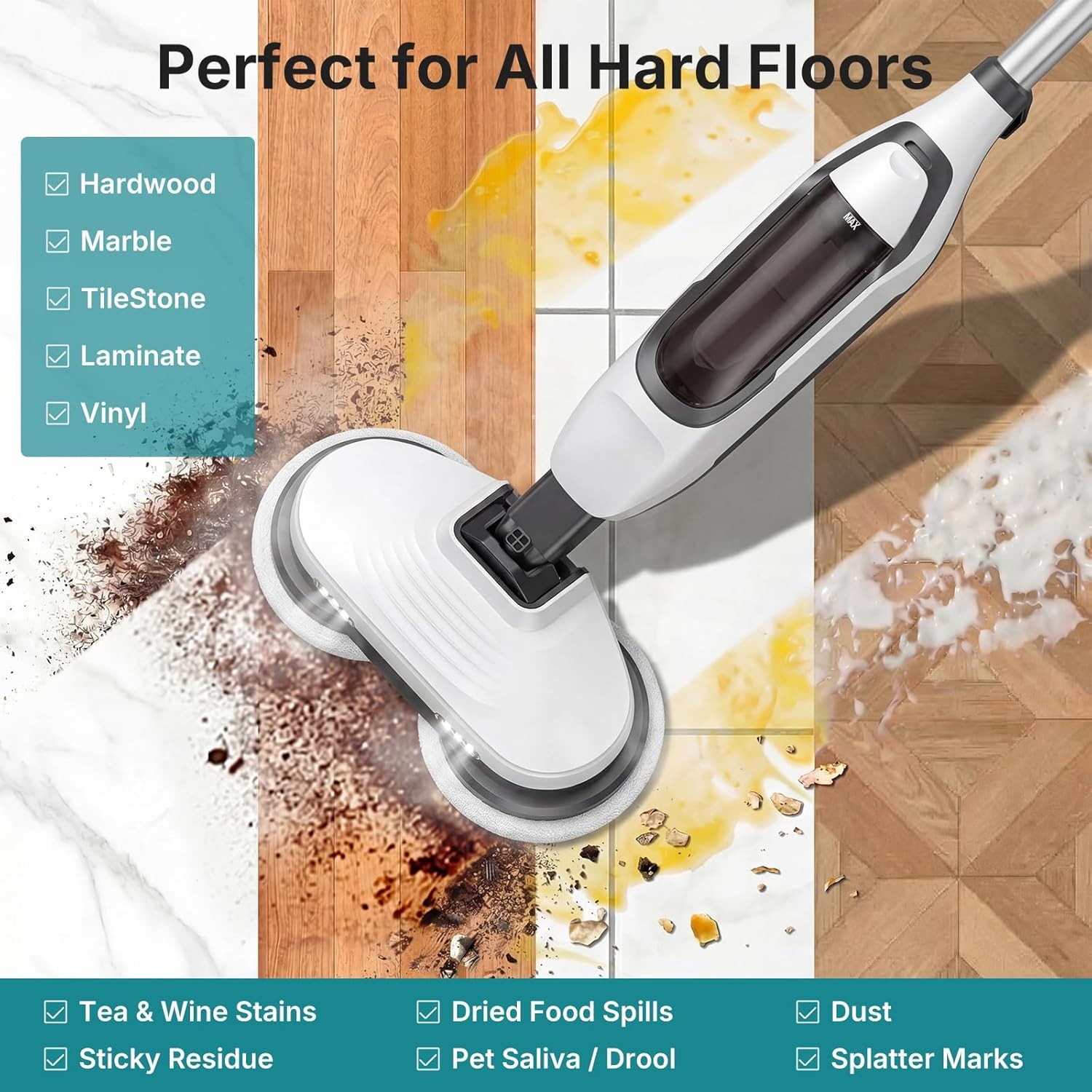 OLIXIS Electric Steam Mop Floor Cleaner w/Rotating Pad&2 LED Light&4 Clean Mode