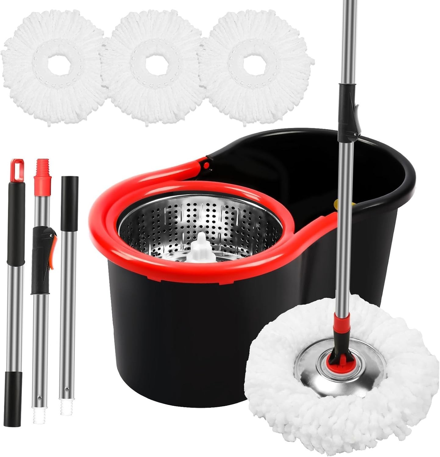 Spin Mop and Bucket with Wringer Set 360 Floor Cleaning 3 Microfiber Heads Black