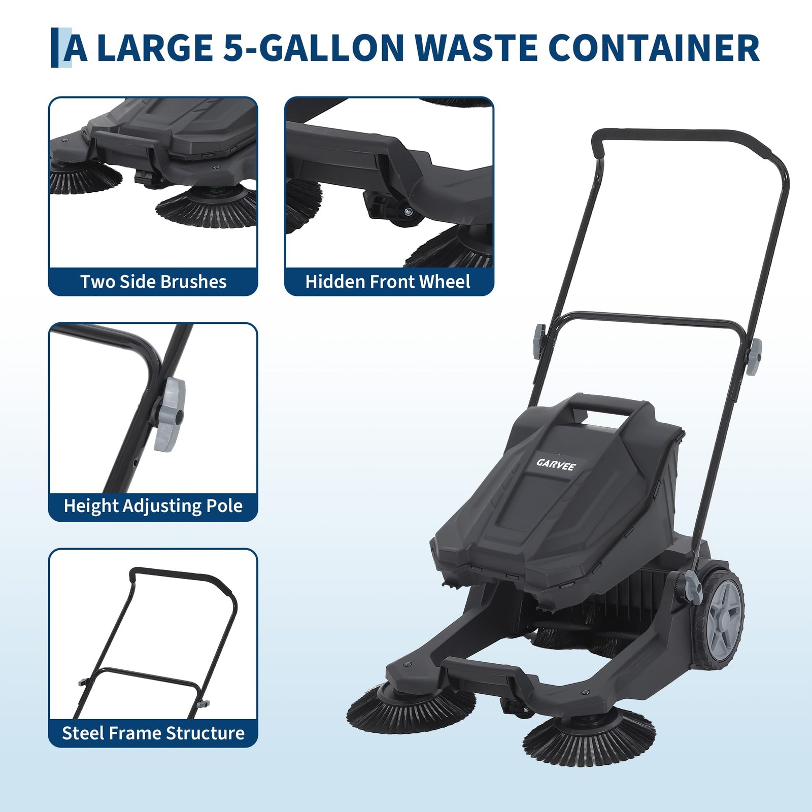 25.6″ Width Manual Sweeper Walk-Behind Hand Push Floor Sweeper Adjustable Handle