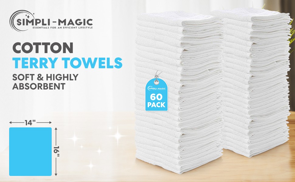 Simpli-Magic Cotton Terry Towels 14″x17″ (60 Pack) – Highly Absorbent Soft