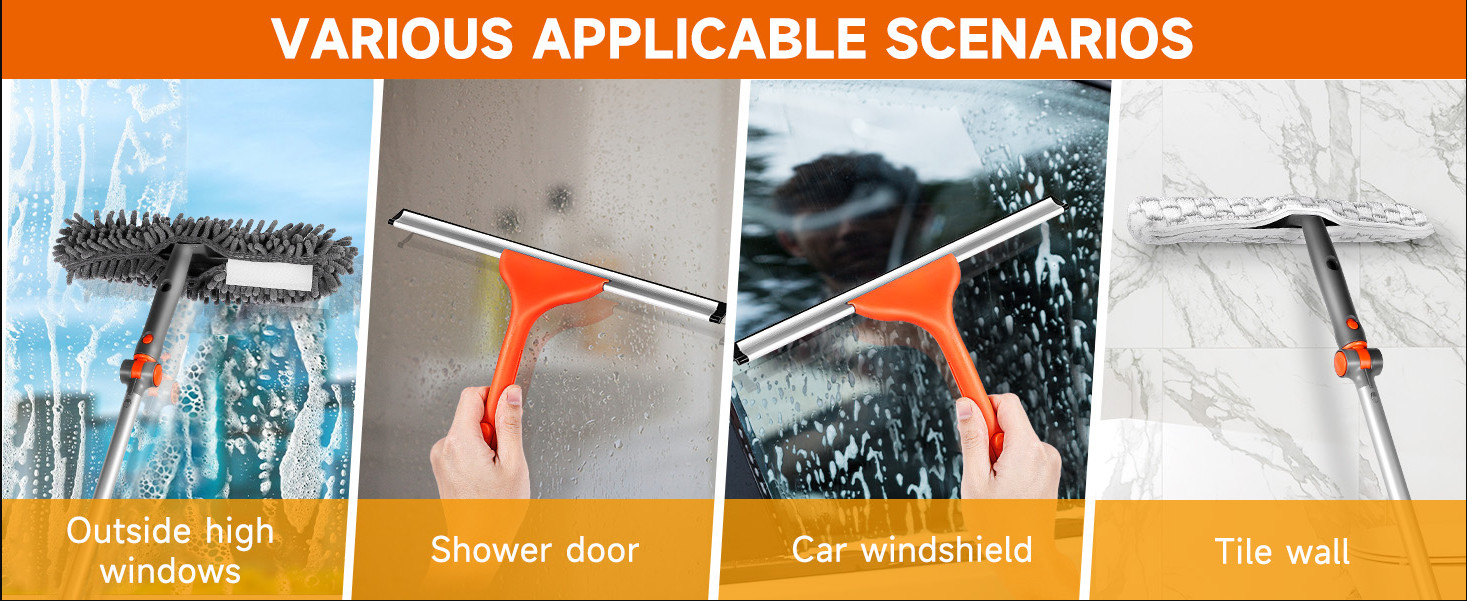 Window Squeegee 2-in-1 with Extendable Pole for High Indoor & Outdoor Glass