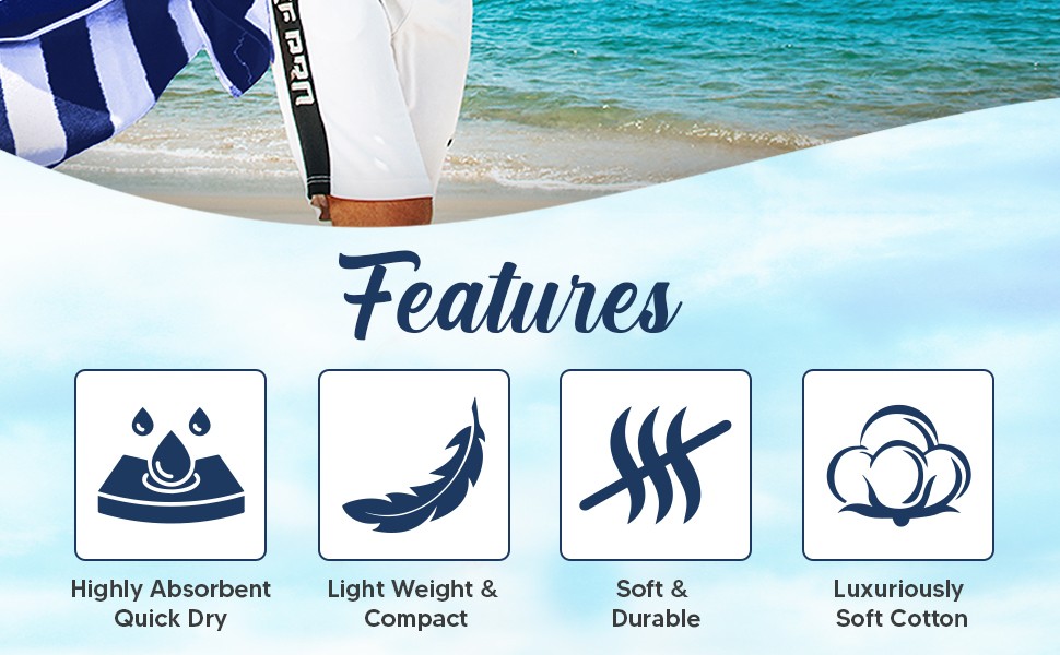 Pack of 4 Cabana Beach Towels, Oversized 30 x 60 Inches Cotton Beach Towel Set,