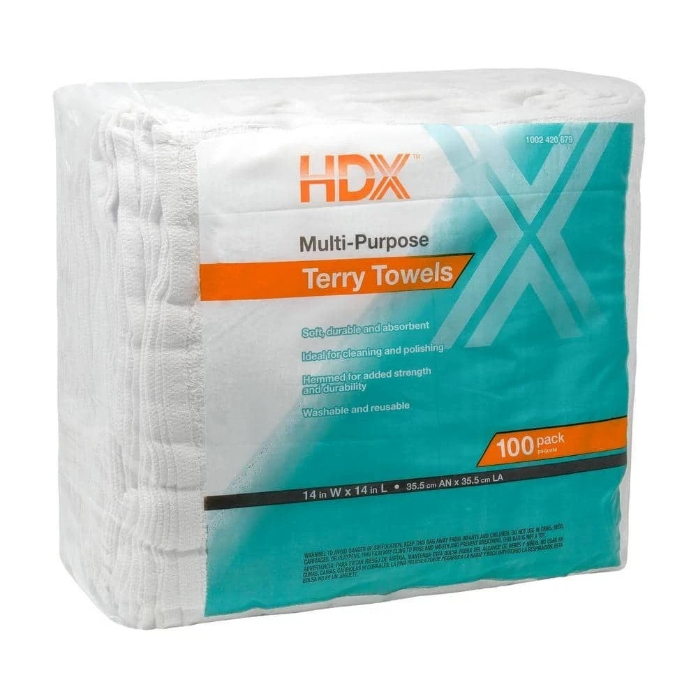HDX Terry Towels 14″x14″ (100 Pack) (Washable, Reusable, Multi-Purpose)