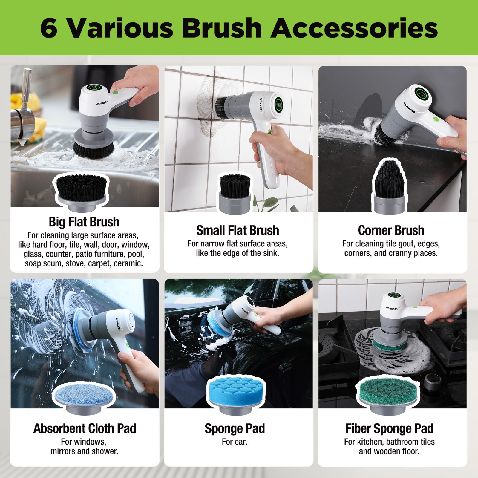 WORKPRO 8V Electric Spin Scrubber, 3-Speed Adjustable Shower Scrubber