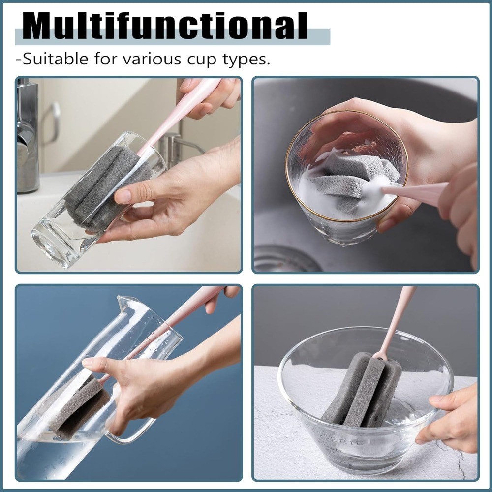 Long Handle Bottle Brush 2 Pack Wine Glass Cleaner Sponge Cup Cleaning Brush for
