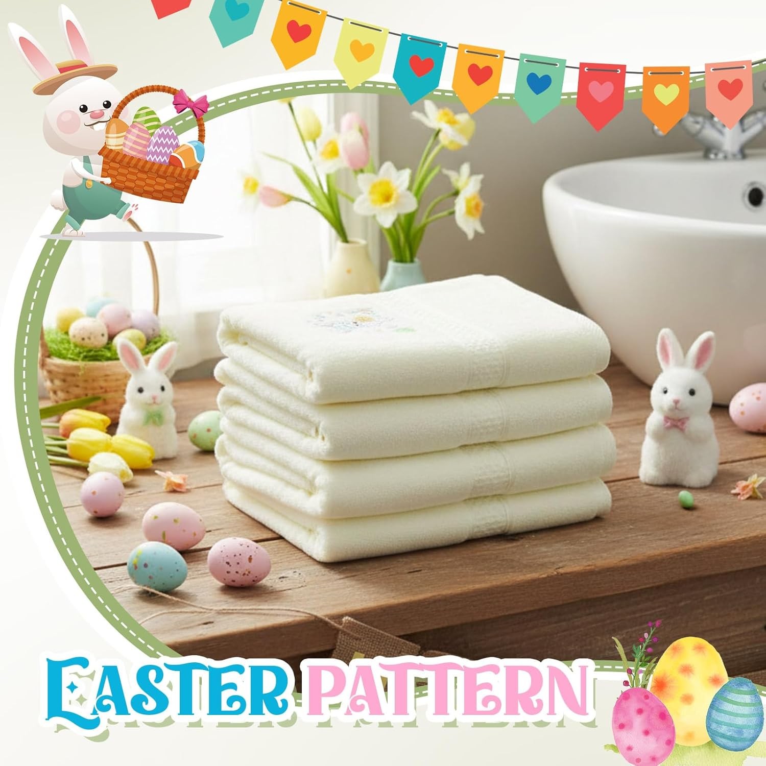 Set of 4 Easter Bunny Bath Towel, 27×54 Inch Cotton Easter Towels, Absorbent
