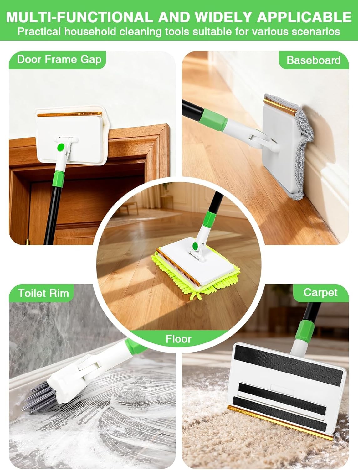 4in1 Baseboard Cleaning Tool with Handle 5 Reusable Pads 1 Stiff Bristle Brush C