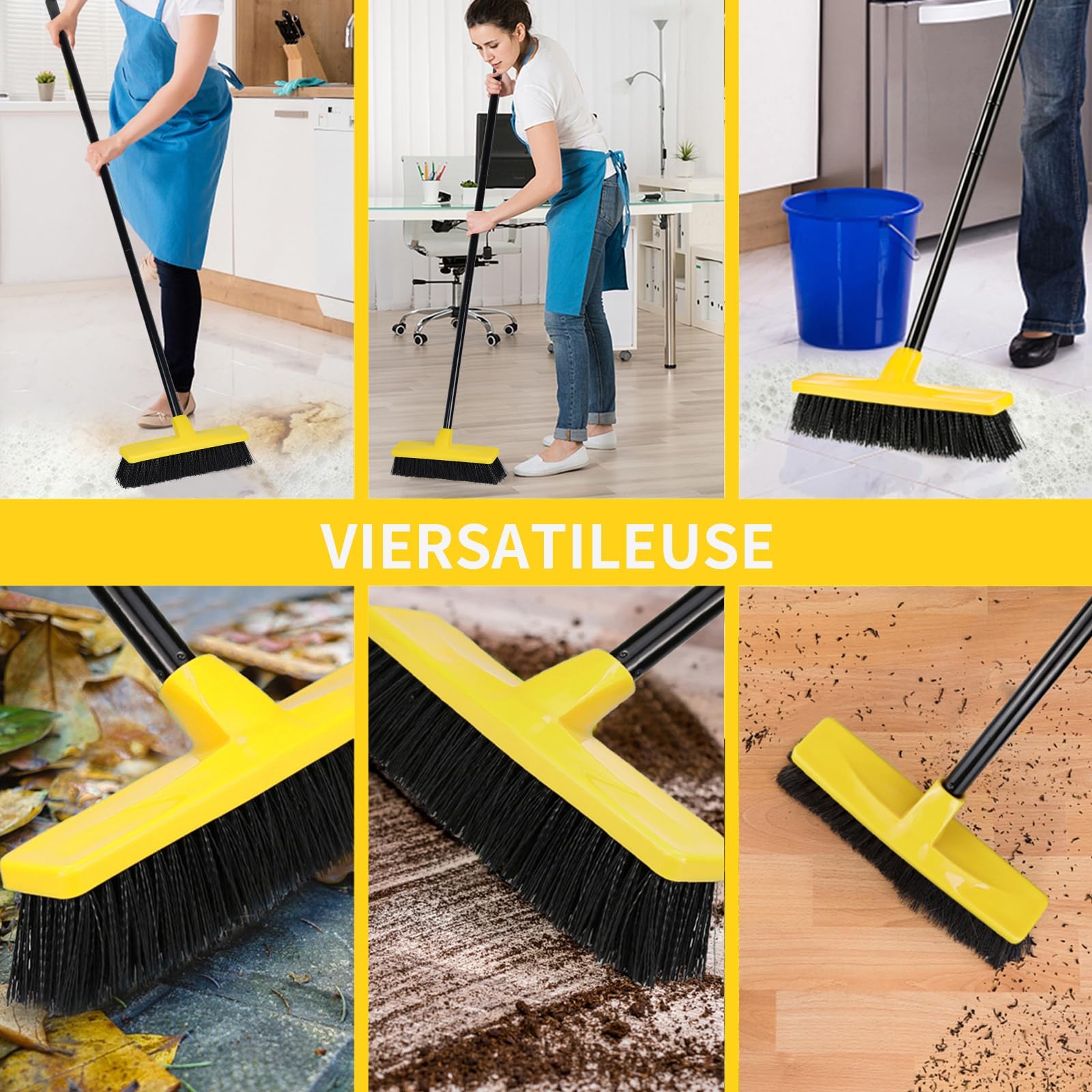 Push Broom Outdoor Indoor 12″ Wide,50″ Long Handle with Yellow Pp