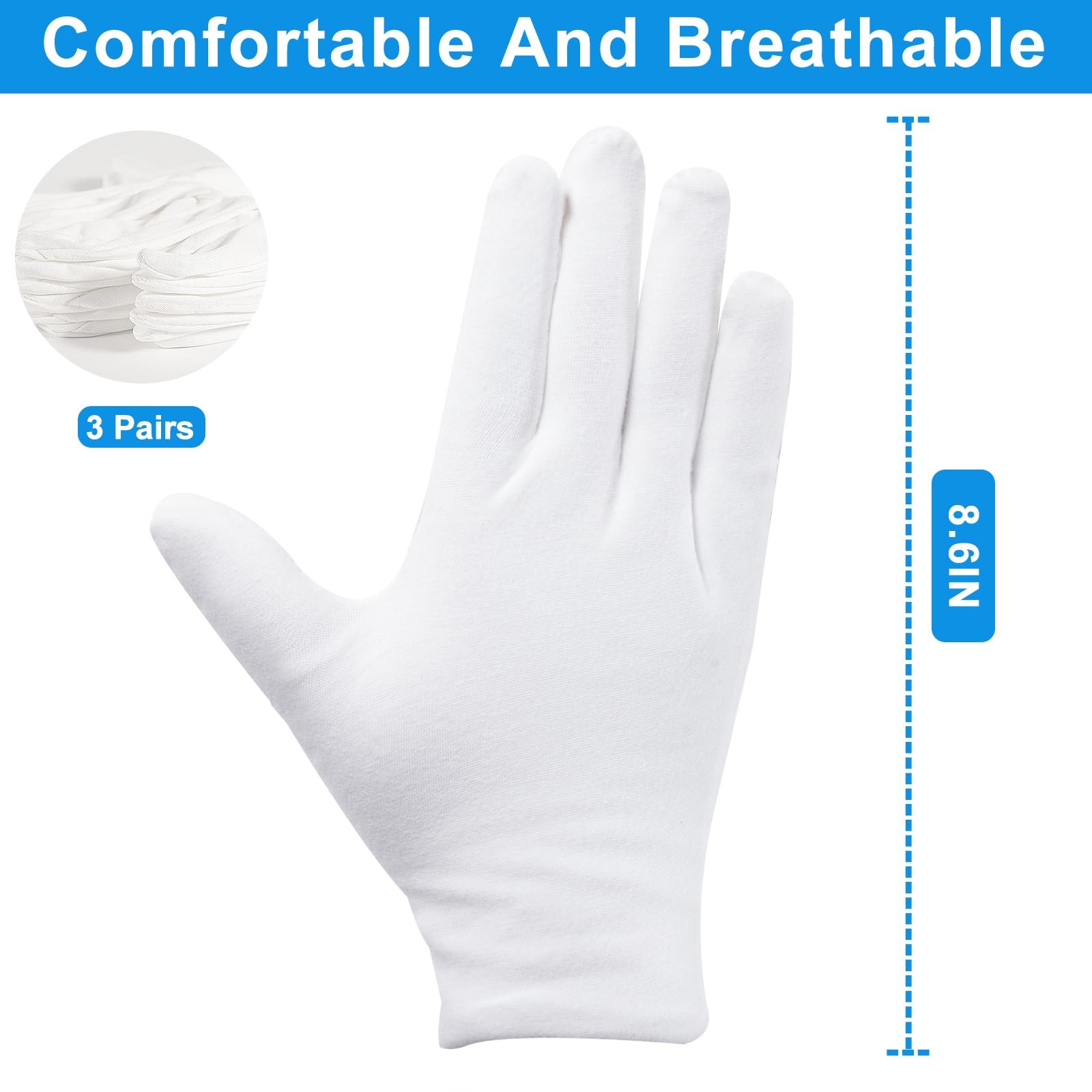 3 Pairs White Cotton Gloves for Dry Hands Sleeping, Premium Large,