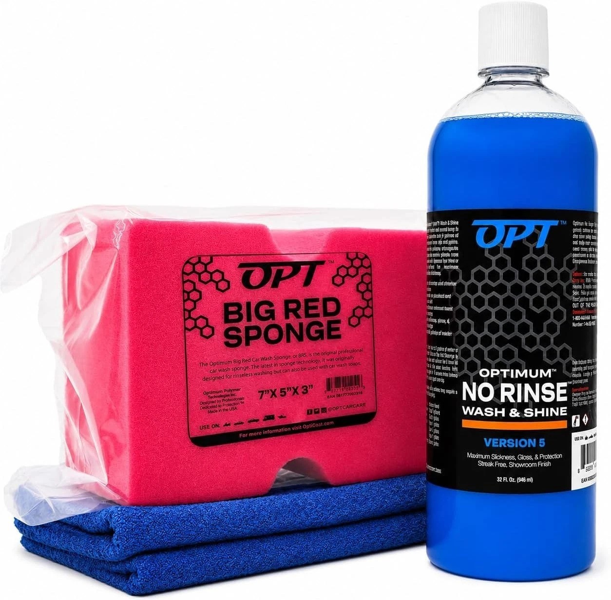 Optimum No Rinse Version 5 32 Oz, Microfiber Drying Towel, and Big Red Sponge…