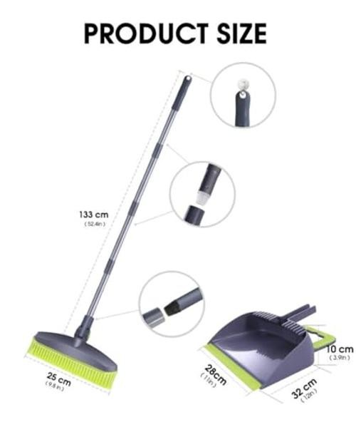 Adjustable Rubber Push Broom and Dustpan Set,Self Cleaning Indoor Outdoor