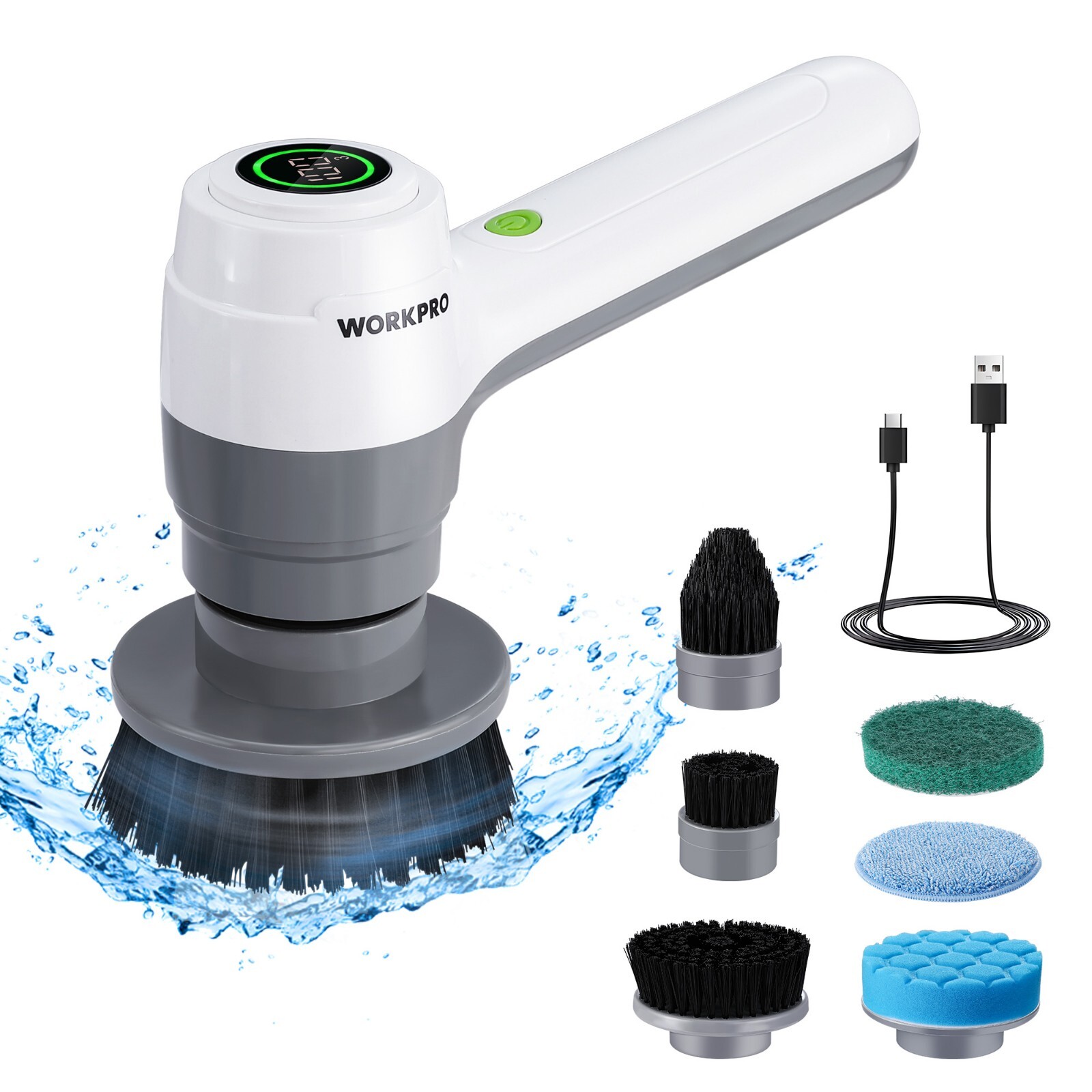 WORKPRO 8V Electric Spin Scrubber, 3-Speed Adjustable Shower Scrubber