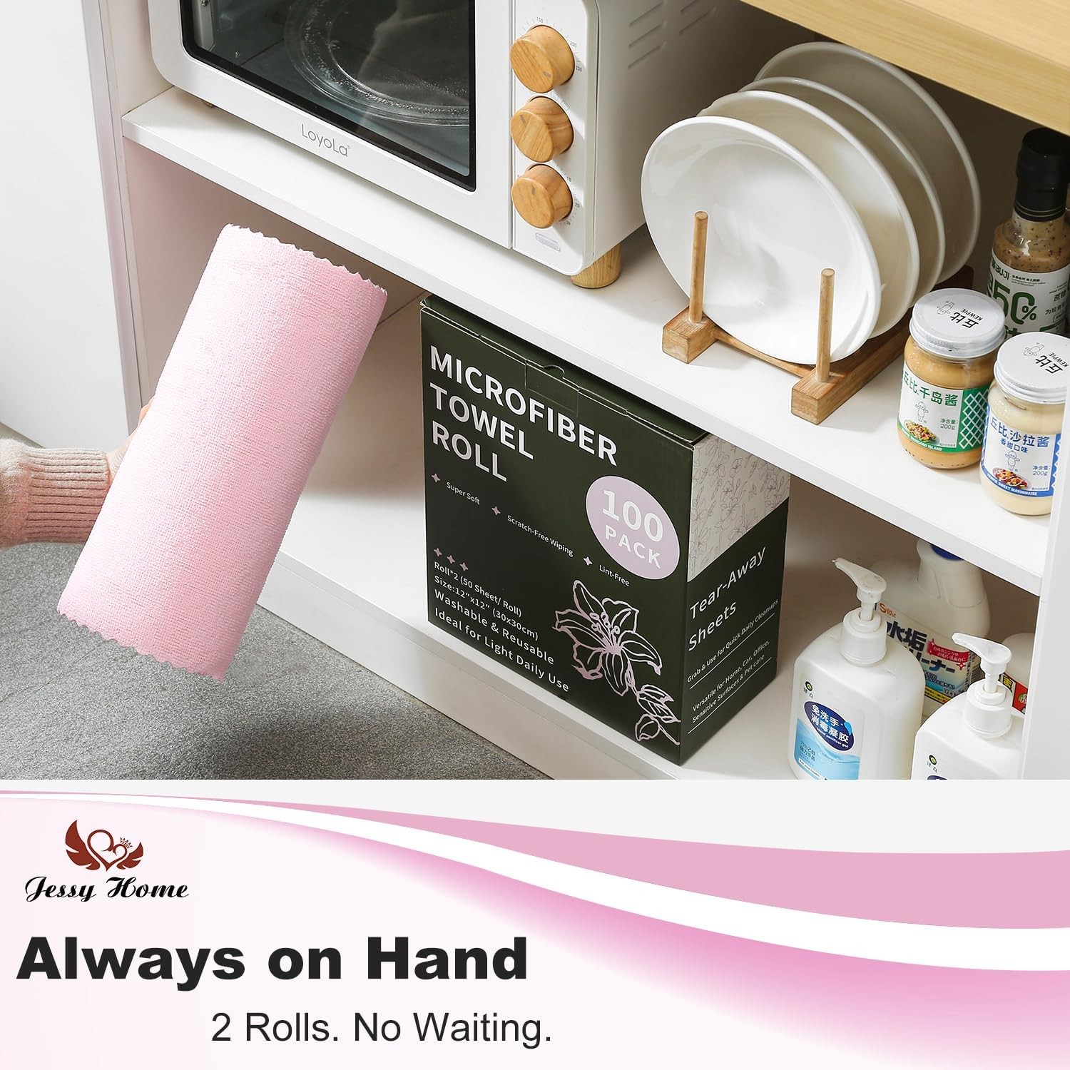 2 Roll Reusable Paper Towels, 100 Sheets Tear Away Microfiber Cloths, Lint Free